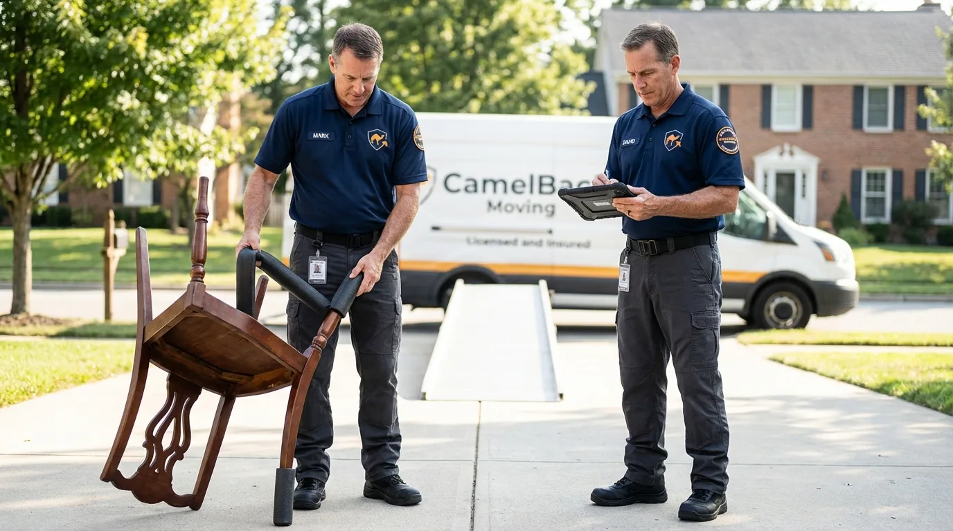 Movers inspecting furniture for damage prevention before loading in Kalispell, MT